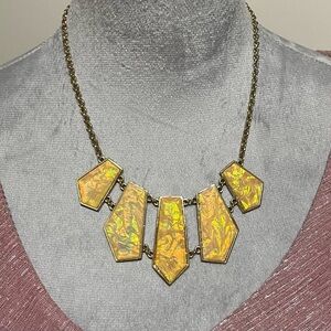 Vintage Gold iridescent Bib chain pentagon necklace, 13”